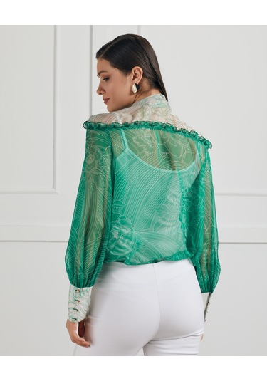 Fular Yaka Detaylı Transparan Desenli Gömlek Feminen Ve Şık Tasarım Yeşil