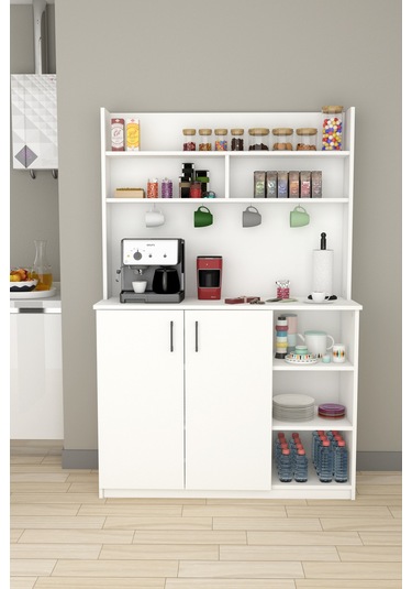 %100 Mdflam Kahve Köşesi Çok Amaçlı Mutfak Dolabı Kahve02 Beyaz Beyaz