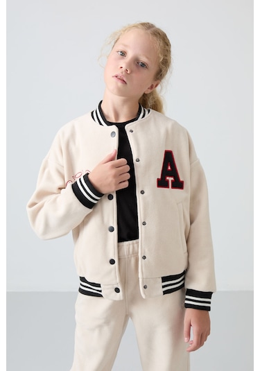 Tommy Life Bej Kalın Yumuşak Dokulu Standart Fit Nakışlı Polar Kız Çocuk Kolej Ceket - 75156 Bej