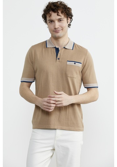 Renk Kombinli Cepli Koton Triko Tişört - Kamel Çok Renkli