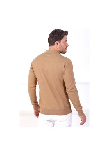 Ferraro Camel Dik Yaka Düz Renk Pamuk Erkek Kazak Camel
