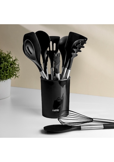 Nehir Raven Siyah Paslanmaz Çelik Silikon 12 Parça Servis Takımı