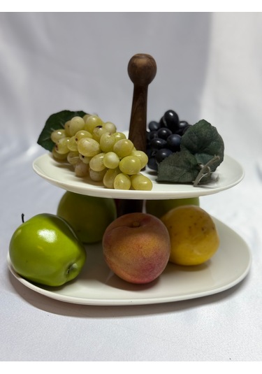 Aless 2 Katlı Asimetrik Tasarım Ahşap Kulplu Sunumluk Meyvelik Çe