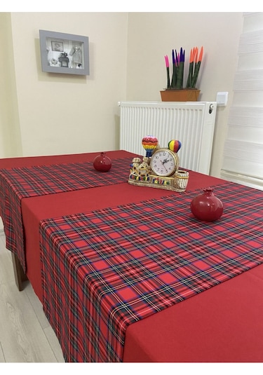 Kırmızı Renk Masa Örtüsü Yılbaşı Ekose Runner Seti