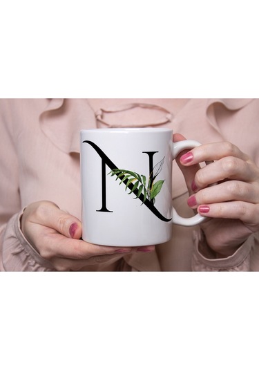 N Harf Zarif Yaprak Desenli Kupa Bardak - Naturel Sade Alfabe Harfli Bardak - Kişiye Özel Hediye Beyaz