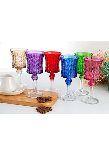 Plt Design El İşi 6'lı Rengarenk Su-Kahve Yanı Bardağı Kristal Ayaklı Su Bardağı