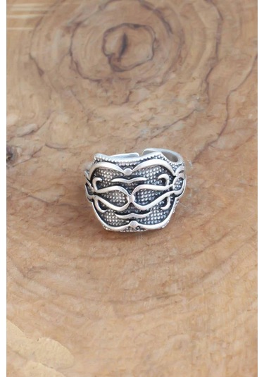 Motifli Gümüş Renk Ayarlanabilir Erkek Yüzük Gümüş