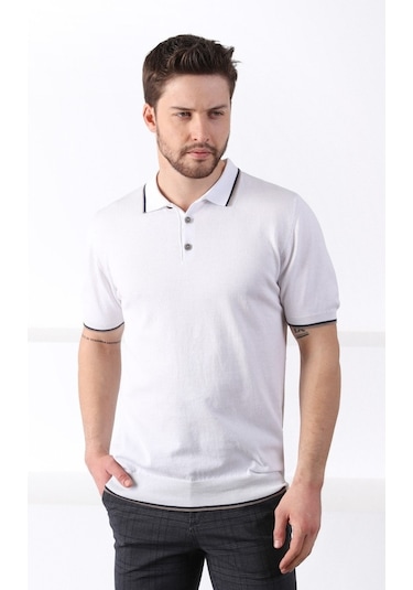 Ferraro Beyaz/Bej Yaka Şerit Düğmeli Erkek Pamuk Triko T-Shirt