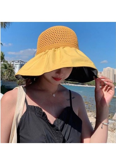 Bayanlar İçin Şık Siyah Tutkallı Boş Üst Güneşlikli Geniş Kenarlı Yüz Koruyucu Şapka Bej