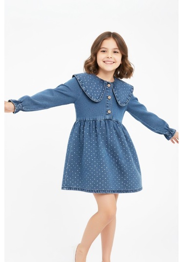 Kız Çocuk Taş Süslemeli Ve 3 Düğme Kapatmalı Jean Elbise 12444 İndigo