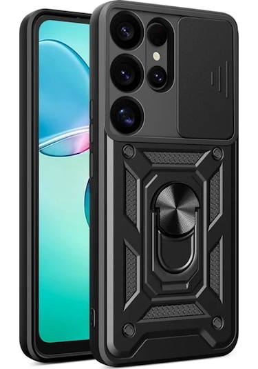 Samsung Galaxy S26 Ultra Uyumlu Tank Kılıf Yüzüklü Standlı Zırhlı Outdoor Kapak - Siyah