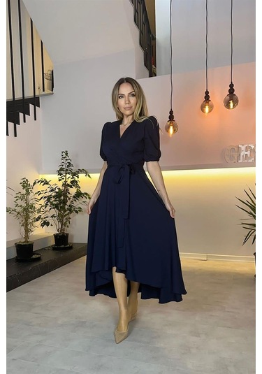 G0505 Kruvaze Yaka Kuşaklı Asimetrik Elbise Lacivert-lacivert
