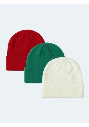 Eke Tekstil Katlamalı Unisex Bere Seti 3'lü - Beyaz - Kırmızı - Yeşil