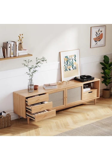 Ahşap Rattan Kapak Detaylı Modern Tv Ünitesi Natürel