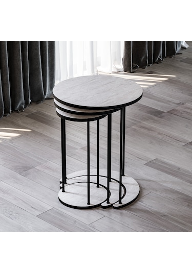 Alpa Ev Mobilya Ay 3 Lü Yuvarlak Zigon Sehpa Seti, Modern Metal Ayaklı C Model Şık Yan Sehpa Traverten