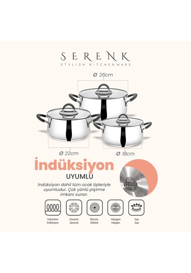 Serenk Modernist 6 Parça Çelik Tencere Seti, 18/10 Paslanmaz Çelik, 18-22-26 Cm