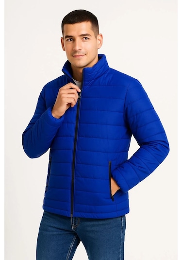 Erkek Bomber Mont Ceket Su İtici Kumaş, Kapitone Astarlı, Fermuarlı, Kışlık - Saks Mavisi Saks Mavisi