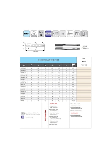 Fett Unf 5/16-24 Narex 0305 Dın N-2181 Hss 2'li El Takım Kılavuzu