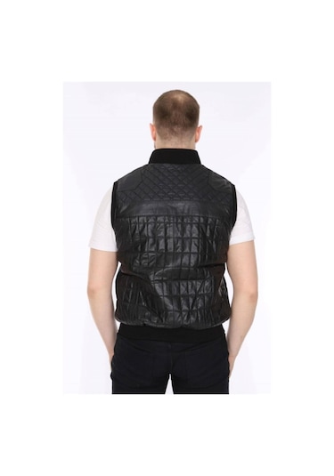 Hakiki Deri Siyah Işlemeli Lastikli Erkek Deri Yelek Siyah