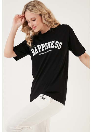 Lela Baskılı Pamuklu Oversize Bisiklet Yaka Bayan T Shirt 541Happiness Siyah Lela Baskılı Pamuklu Oversize Bisiklet Yaka Bayan T Shirt 541Happiness Siyah