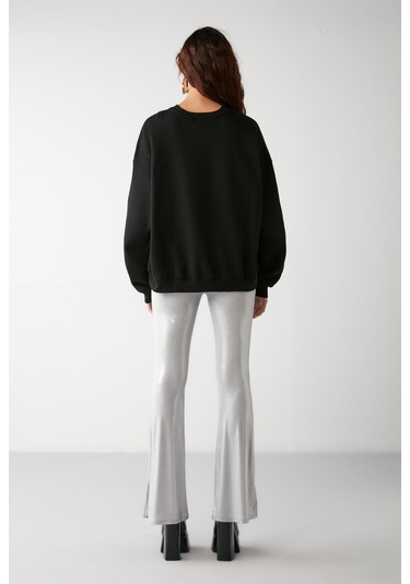 Vaneltına Kadın Içi Polarlı 3 Iplik Organik Pamuk Oversize Basic Bisiklet Yaka Siyah Sweatshirt