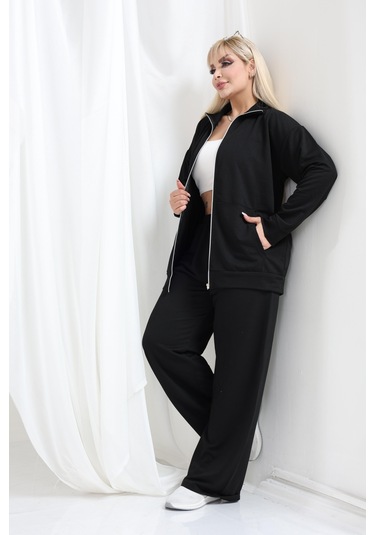 Kadın Büyük Beden Fermuarlı Uzun Kollu Rahat Günlük Eşofman Takım Siyah
