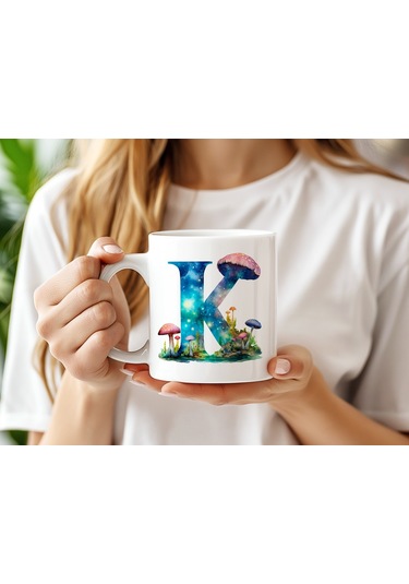 K Baş Harfi Fantastik Mantarlı Kupa Bardak - Kişiye Özel Masalsı Bardak - Hediye Beyaz