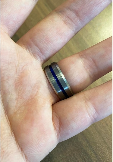 Erkek Mavi Çizgi Detay Gümüş Renk Tungsten Yüzük Silver