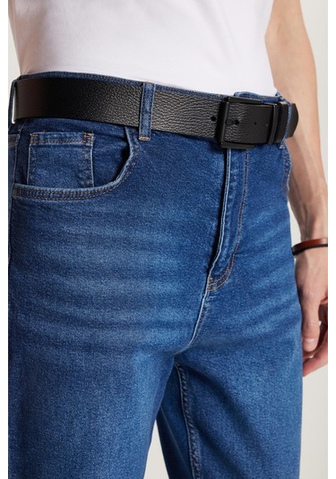 Erkek Straight Fit Bol Kesim Denim Yıkamalı Efektli Esnek Mavi Jean Kot Pantolon-34087 Mavi