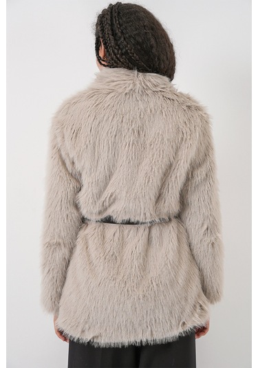 Kadın Kemerli Oversize Kürklü Kaban 9156 - Taş Taş