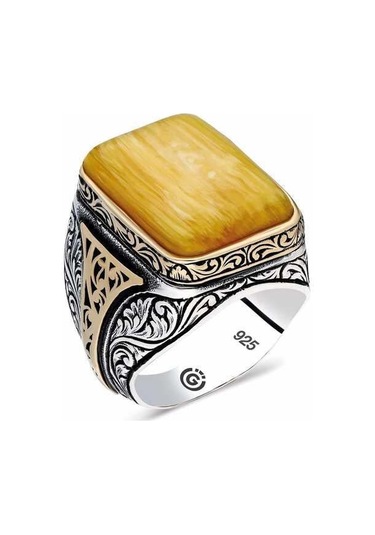 Gümüş Sıkma Kehribar Kare Erkek Yüzük-202226 Çok Renkli