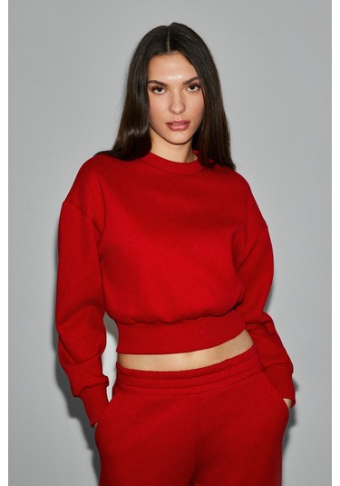 Grimelange Karalıs Kadın Pamuklu Bisiklet Yaka Crop Kırmızı Sweatshirt Kırmızı