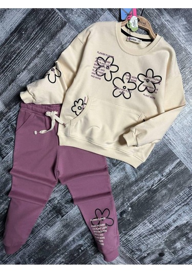 Çiçekli Kanguru Cepli Kız Çocuk 2'li Takım Mor