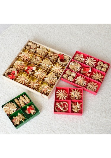 Gajeena Kutup Yıldızı Ve Kar Tanesi Figürlü Buğday Sapı Noel Ağaç Zırhlari - 16'lı 200g Noel Dekorasyon Malzemeleri Haki