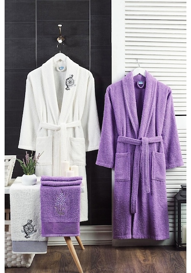 4 Parça Aile Bornoz Seti Kadın Erkek Havlulu Bornoz Takımı 100 Be (517265997)