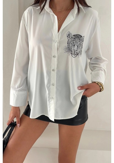 Aslan Desen Baskılı Taşlı Gömlek Gümüş Gümüş