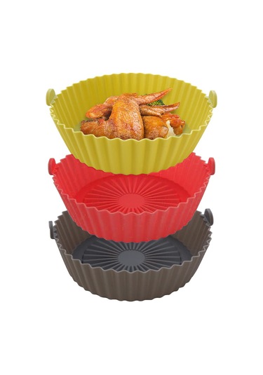 Ximistore9 Yeniden Kullanılabilir Hava Fritözü Silikon Tabanı, Çift Taraflı, Kolay Temizlenir, 16.5cm, 3 Adet Gri - Sarı - Kırmızı