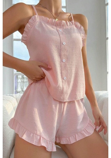 Bella Notte Toz Pembe Süs Düğmeli Fırfırlı Şortlu Pijama Takımı
