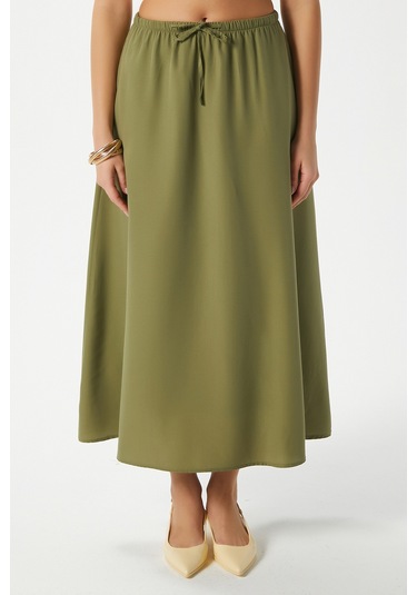 Kadın Seaside Haki Astarlı Bel Lastikli Cepli Dokuma Uzun Etek Haki