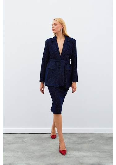 Sateen Midi Boy Tüvit Etek - Lacivert-135027 Lacivert