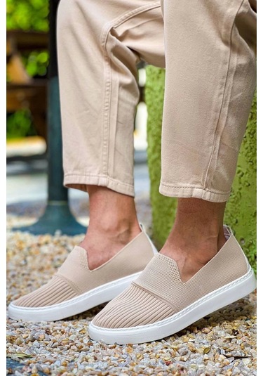 Bej Triko Yüksek Taban Bağcıksız Günlük Erkek Ayakkabısı Bej