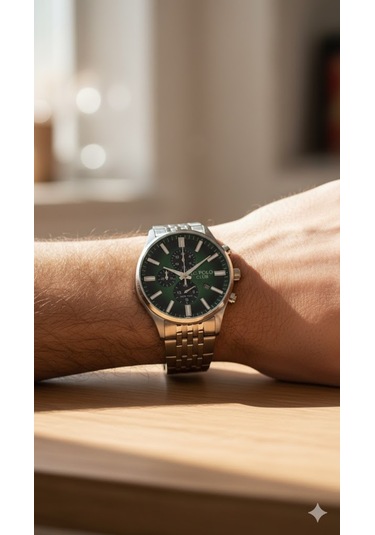 Jg. Polo Club Erkek Kol Saati Gümüş Renk, Yeşil Kadran - Şık Metal Kordon, 2 Yıl Garantili Metalik