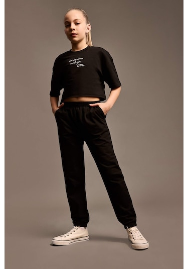 DeFacto Kız Çocuk 2'li Takım Bisiklet Yaka Baskılı Kısa Kollu Tişört Beli Paçası Lastikli Eşofman Altı Z8983A625SMBK81 Siyah