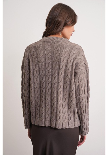 6973 Kadın Saç Örgülü Regular Basic Triko Kazak Toprak Toprak