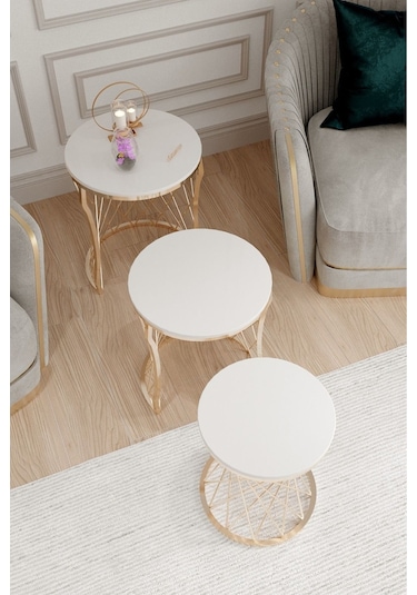 Aurelia Serisi Gold Metal Örgü Desenli 3 Lü Zigon Sehpa Krem Membran Tabla Altın - Krem