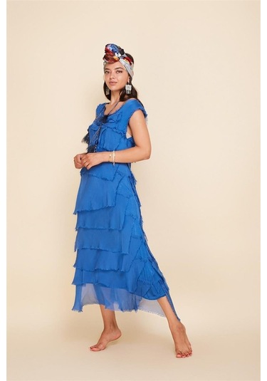 Italyan 2 Beden İnce Gösteren Kat Kat Kolsuz Ipek Elbise Saks Mavisi