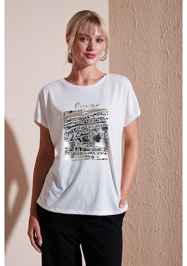 Lela Baskılı Bisiklet Yaka Regular Fit Bayan T Shirt 6671000 Ekru