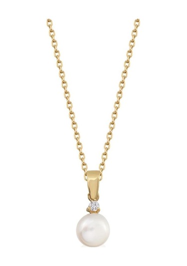 Üç Tırnaklı Pırlantalı 0,088 Karat Doğal İnci Kolye 11 Mm Sarı 11 Mm