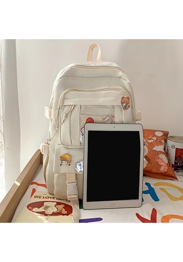 Honeybeeshop Yeşil Karikatür Ayı Tasarımlı Kadın Naylon Sırt Çantası Ayarlanabilir Askı Çoklu Cep Okul Seyahat Yeşil