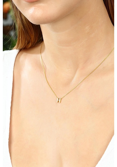 Azuris Silver Azuris 925 Ayar Gümüş Üç Boyutlu H Harfli Harfi Kolye Gold